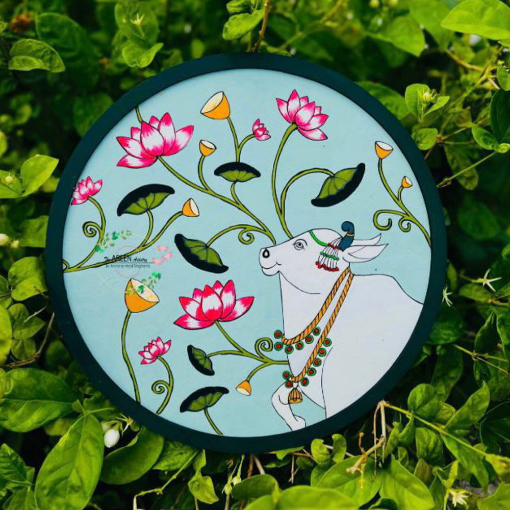 Indian Folk Art Cow & Lotus Round Wall Hanging