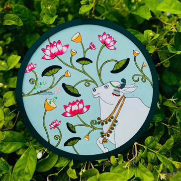 Indian Folk Art Cow & Lotus Round Wall Hanging